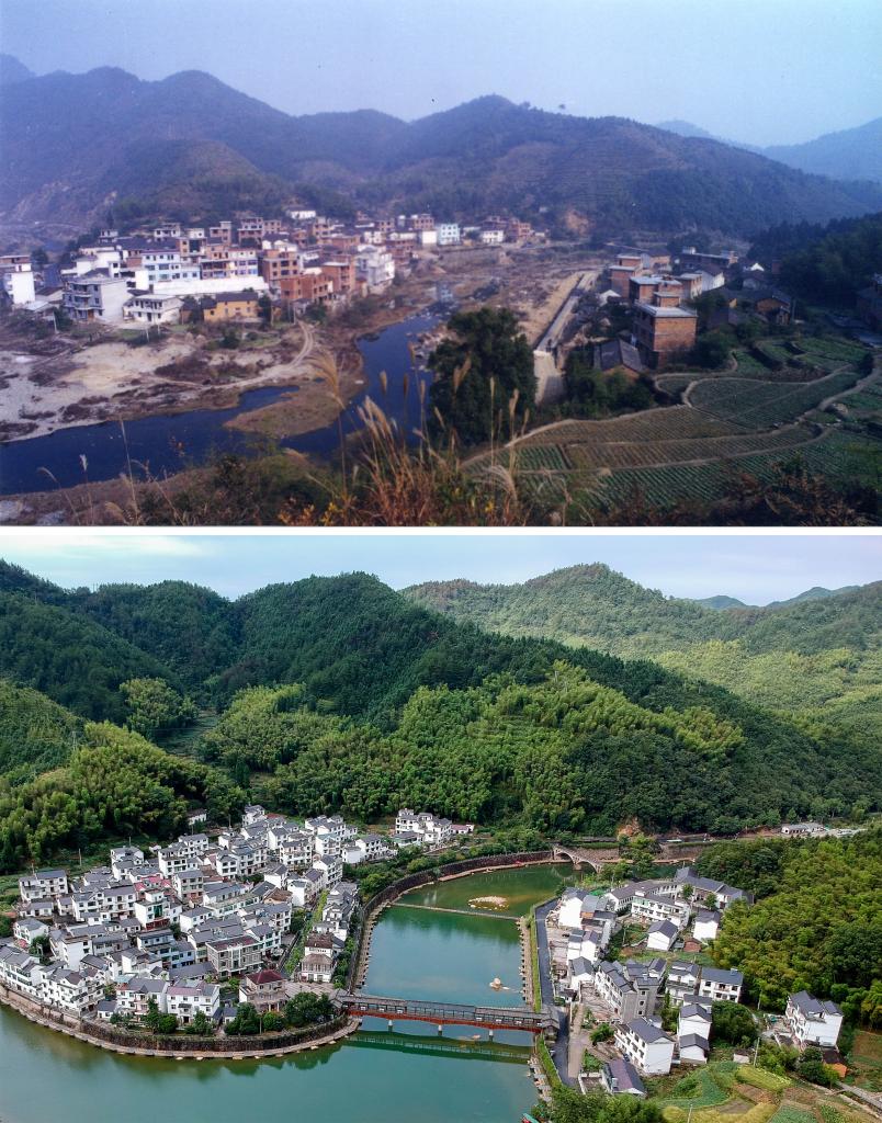 圖為浙江省杭州市淳安縣楓樹嶺鎮(zhèn)下姜村拼版圖，其中上圖為資料照片、下圖由新華社記者張鋮攝。